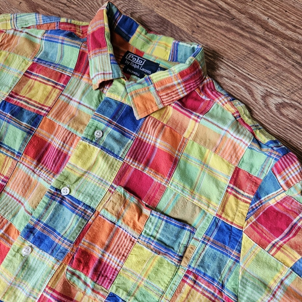 Polo Ralph Lauren Patchwork Short Sleeve Button Shirt Size L Bright Plaid Large